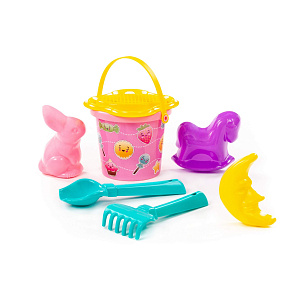 Набор №250: ведро малое с наклейкой, ситечко-цветок, совок №2, грабельки №2, формочки (заяц + лошадка + месяц), артикул 3529 – портал поставщиков НСППО - 1