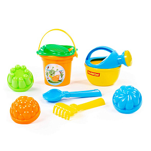 Набор №225: ведро малое, ситечко-цветок, совок №2, грабельки №2, 3 формочки, лейка малая №4, артикул 4504 – портал поставщиков НСППО - 1