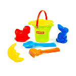 Набор №140: ведро малое с носиком, ситечко-цветок, совок №2, грабельки №2, формочки (заяц + лошадка + месяц), артикул 2883