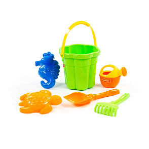 Набор №309: ведро-цветок среднее №3, лопатка №5, грабельки №5, формочки (морской конёк + черепаха), лейка малая №3, артикул 35592 – портал поставщиков НСППО - 5