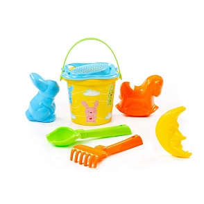 Набор №250: ведро малое с наклейкой, ситечко-цветок, совок №2, грабельки №2, формочки (заяц + лошадка + месяц), артикул 3529 – портал поставщиков НСППО - 7